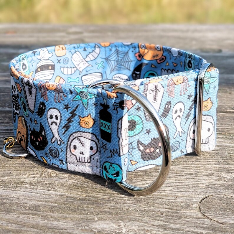 halloween dog collar, dog collar skulls, cute bats blue martingale dog collar, greyhound fabric collar / creepy friends image 8