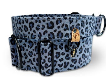 dog collar leopard, animal print greyhound collar, fabric dog collar blue limited slip martingale or buckle collar / leo - denim