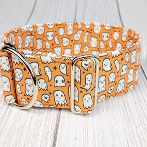fall dog collar, Halloween dog collar, cute dog collar ghosts, fabric collar, martingale or buckle collar / Booo! orange