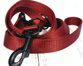 burgundy dog leash 1" or 3/8" adjustable, rose gold, gold or silver hardware, 3 lenghts red nylon lead