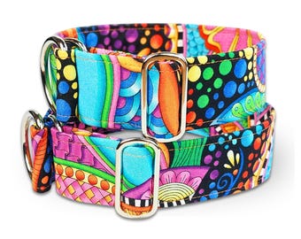 colorful dog collar large flowers, fabric greyhound collar, paisley martingale collar or buckle, whippet collar / kaleidoscope