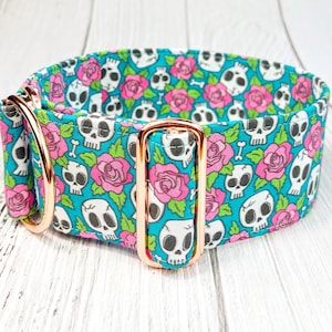 halloween dog collar skulls dog collar, fabric dog collar roses, sighthound martingale or buckle collar / skulls & roses teal