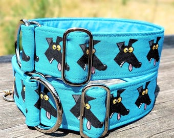 greyhound collar, cyan fabric dog collar Richard Skipworth martingale collar or buckle, sighthound collar, whippet collar / Derp blue