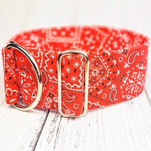 Puede incluir: Collar para perro de estampado de bandana rojo y blanco con herrajes de metal dorado.