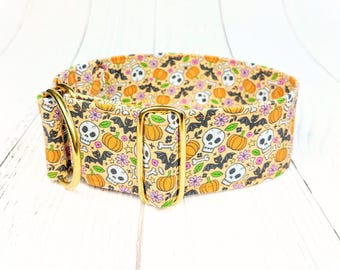 Halloween dog collar skulls and bats, orange fabric dog collar, greyhound collar, limited slip martingale or buckle collar / skulls orange