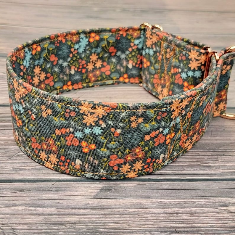 flower dog collar, brown orange fabric greyhound collar, floral martingale collar or buckle, whippet collar / asters image 5