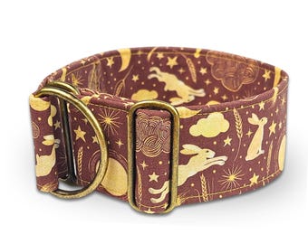 brown dog collar with hares, Easter greyhound collar harvest moon martingale collar or buckle, whippet collar / Hare - brown