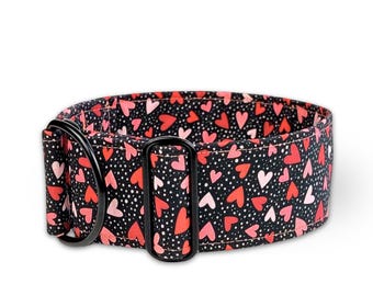 black dog collar red and pink hearts martingale or buckle collar, greyhound collar whippet / Love