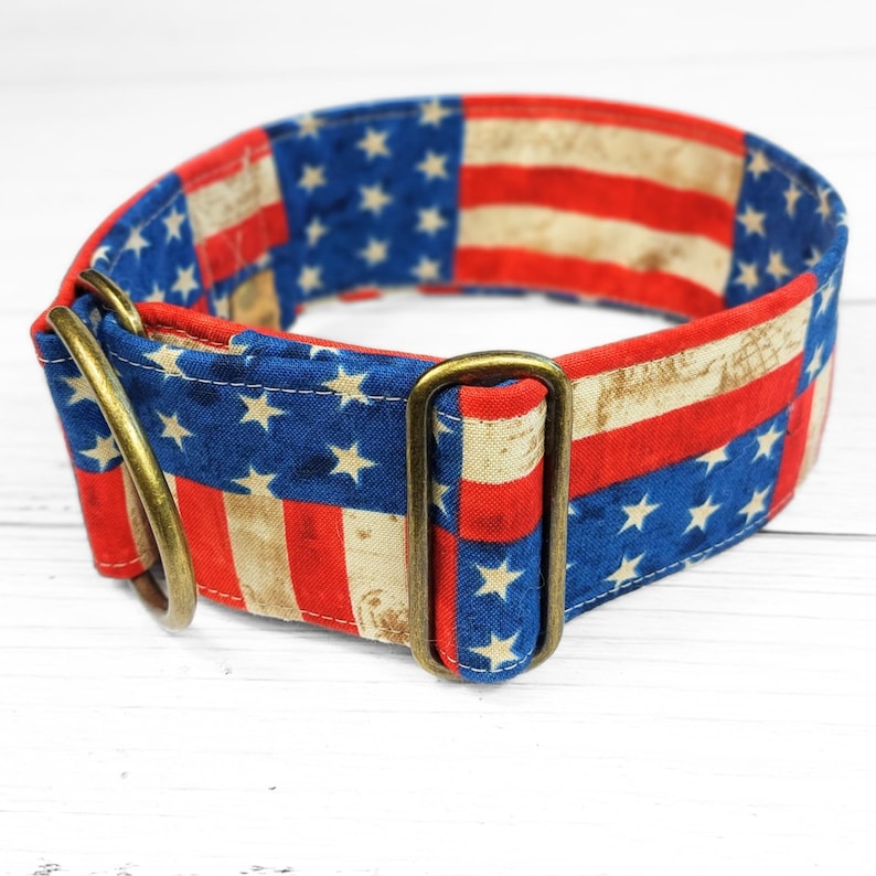 May include: A dog collar featuring a distressed American flag design. The collar has a blue field with white stars and red and white stripes. It has brass-colored metal hardware.