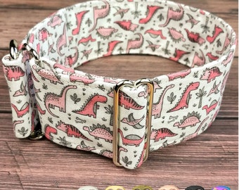 dinosaur dog collar, pink dog collar, fabric limited slip martingale collar or buckle, greyhound collar  / dinosaur jr