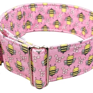 dog collar with bees, fabric greyhound collar, pink martingale collar or buckle, whippet collar / bee hive pink
