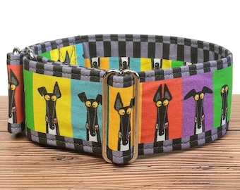 Collier pour chien motifs Richard Skipworth, coloré, collier martingale, collier stop pull ou fermoir clic, collier lévrier / sémaphore