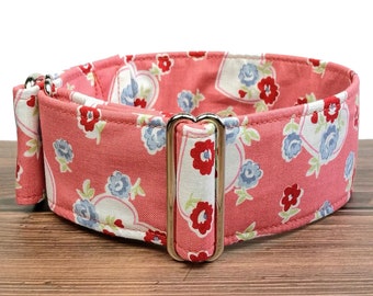 fabric dog collar hearts and roses, coral, girl dog collar, martingale collar or buckle, greyhound whippet collar / love letter blue