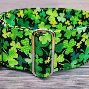 Könnte beinhalten: Ein grünes und schwarzes Hundehalsband mit einer silbernen Schnalle. Das Halsband ist mit einem Kleeblatt-Muster bedeckt.