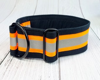 Collier pour chien noir avec bandes réfléchissantes, collier pour lévrier réfléchissant, arrêt de traction ou boucle, demi-bande whippet / orange de sécurité