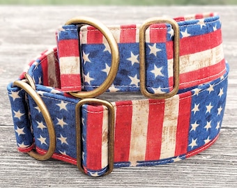 patriotic dog collar 4th july, dog collar boy, fabric dog collar, martingale or buckle collar, whippet collar / stars & stripes