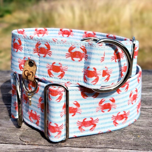 summer dog collar stripes and crabs, beach fabric greyhound collar, martingale collar or buckle, whippet collar / Baltimore