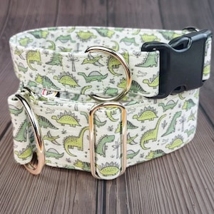dinosaur dog collar, green boy dog collar, fabric limited slip martingale collar or buckle, greyhound collar  / dinosaur jr