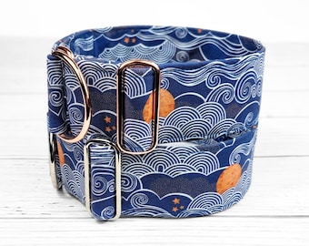 blue dog collar japanese sun and clouds greyhound collar, fabric dog collar, limited slip martingale or buckle collar / Kumo indigo