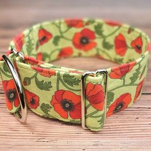 poppy dog collar, girl dog collar, flower dog collar poppies, limited slip martingale, red dog collar, greyhound collar, poppies carmine