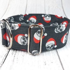 christmas dog collar, Santa skulls fabric dog collar, limited slip martingale collar or buckle, whippet collar / Bad Santa