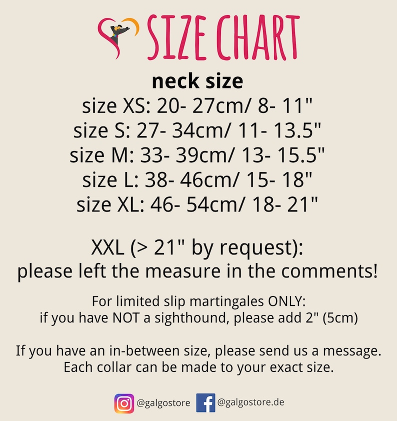 May include: Size chart for dog collars, showing neck sizes in inches and centimeters.  Sizes range from XS (8-11 inches) to XXL (over 21 inches).  The chart also includes instructions for measuring your dog's neck and notes that collars can be made to custom sizes.
