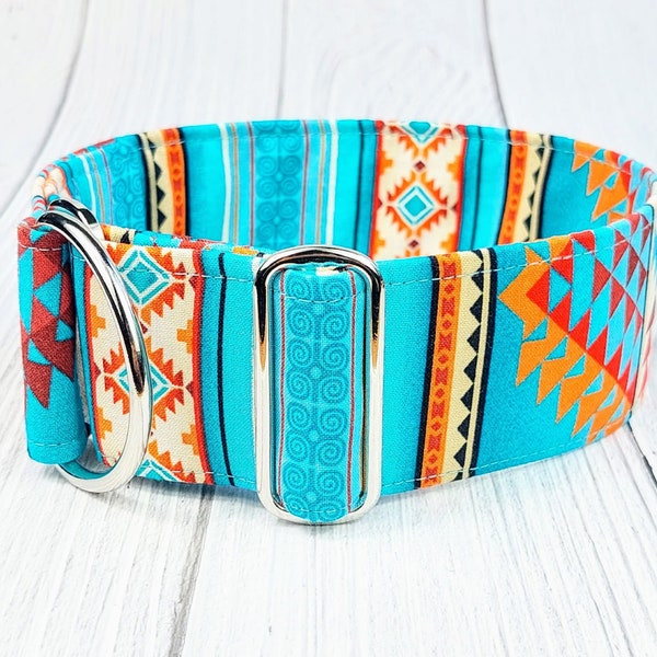 Hundehalsband mit Streifen türkis orange, aztec Martingale Zugstopphalsband od mit Steckschließe, Windhundhalsband, Whippet / Tucson stripes