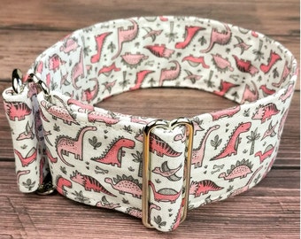 dinosaur dog collar, pink dog collar, fabric limited slip martingale collar or buckle, greyhound collar  / dinosaur jr