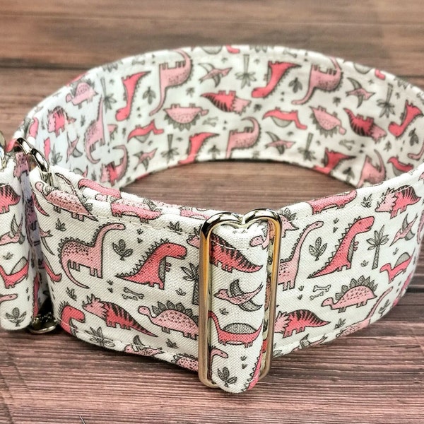 dinosaur dog collar, pink dog collar, fabric limited slip martingale collar or buckle, greyhound collar  / dinosaur jr