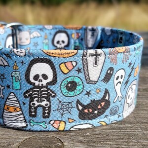 halloween dog collar, dog collar skulls, cute bats blue martingale dog collar, greyhound fabric collar / creepy friends image 4