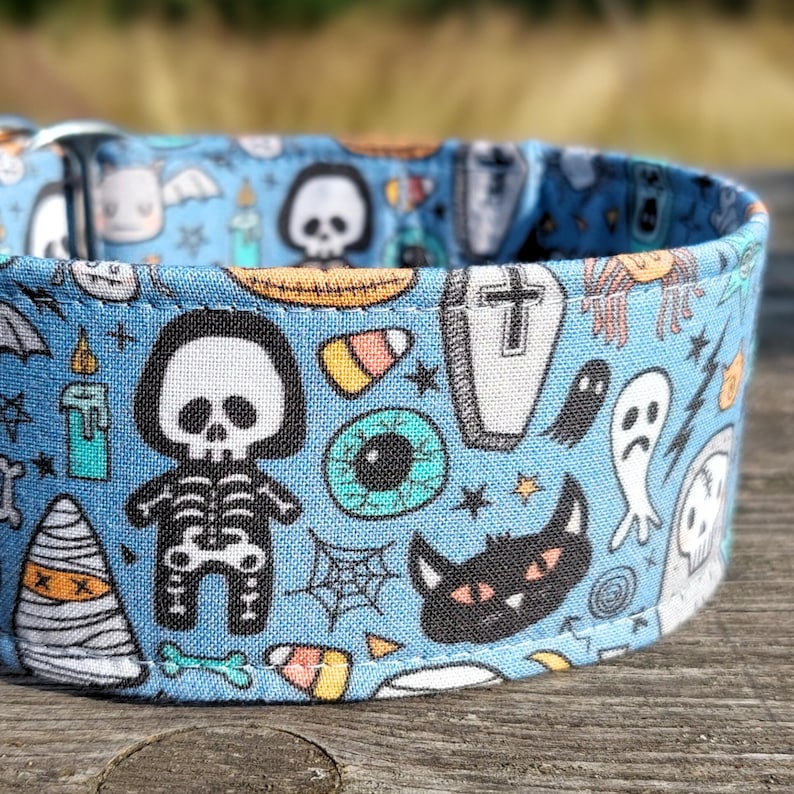 halloween dog collar, dog collar skulls, cute bats blue martingale dog collar, greyhound fabric collar / creepy friends image 4