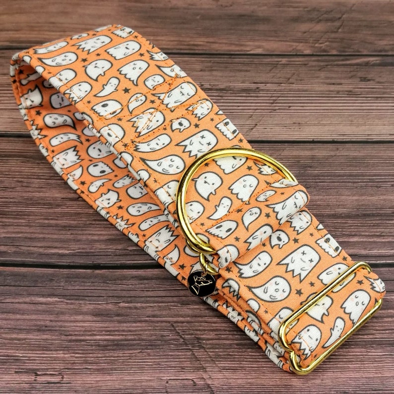 May include: Orange and white dog collar with a gold metal buckle. The collar has a pattern of white ghosts on an orange background.