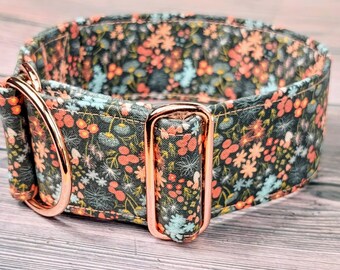 flower dog collar, brown orange fabric greyhound collar, floral martingale collar or buckle, whippet collar / asters