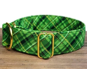 Green plaid dog collar, green gold sighthound collar, fabric martingale collar or buckle, xmas collar, whippet collar / green gold plaid