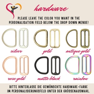 May include: Hardware options for a dog collar or leash, shown in silver, gold, antique gold, rose gold, matte black, and rainbow.