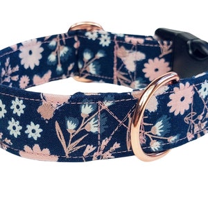 floral dog collar navy pink with rose gold hardware, dog collar with flowers, girl martingale or buckle collar / navy blossom