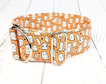 Halloween dog collar ghosts, orange fall dog collar, cute dog collar, fabric collar, martingale or buckle collar / Booo! orange