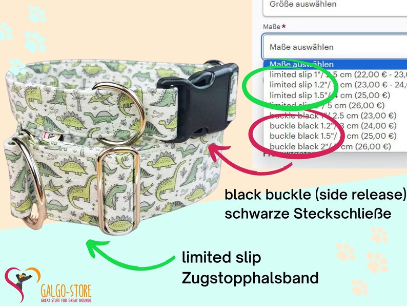 May include: A white dog collar with a green dinosaur print and gold hardware. The collar has a black buckle with a side release. The collar is available in different sizes and styles, including limited slip and buckle.