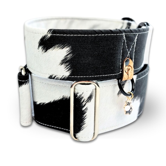 Hundehalsband in Kuhfell-Optik,  schwarz weiß Martingale Zugstopphalsband oder Steckschließe, Windhundhalsband, breites Halsband / cattle