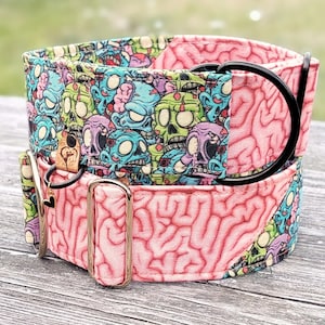 Collar para perro de Halloween con zombies y cerebro, collar de estrangulamiento Martingala o cierre de clic, collar para galgo / muerte cerebral