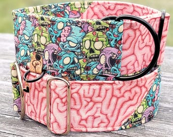 halloween dog collar zombies and brain pattern, fabric dog collar, greyhound collar, limited slip martingale or buckle collar / brain death