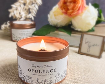 Wood Wick Candle | Opulence - Natural Soy Wax - Wooden Wick - Crackle - Perfume - Oud - Peony - Romantic - Vegan - Scented - Handmade