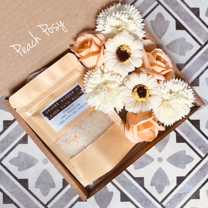 PEACH POSY Bathe in Beauty Soap Flowers Bath Salts Teacher gift Floral Bouquet Spa Kit Bath Pamper Aromatherapy Mum image 1