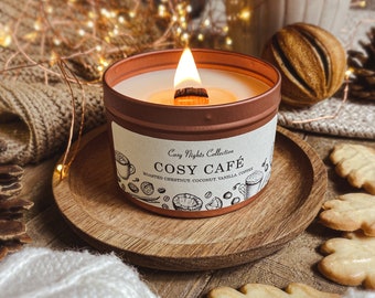 Wood Wick Candle | Cosy Cafe - Natural Soy Wax - Wooden Wick - Crackle - Autumn - Bakery - Coffee - Vanilla - Chestnut - Scented - Handmade