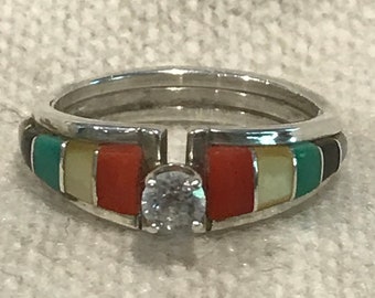 Vintage Navajo Southwestern Signed MJS Sterling Silver Turquoise multi stone Ring Size 7 Engagement Promise Wedding
