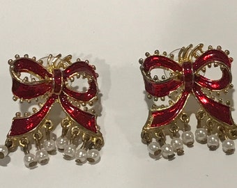 Vintage Red Dangle Christmas Holiday Bow post earrings