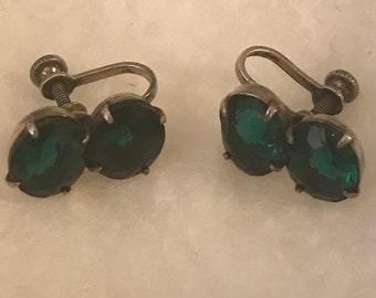 Vintage Art Deco Green foil backed Sterling Silver screw back earrings