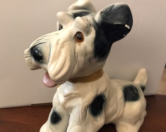 Vintage Chalkware Terrier Dog White black spot Shanks Salina Kansas Animal Rare