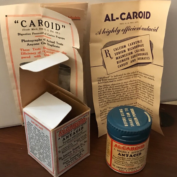 Vintage ALCAROID Antacid Powder Tin with contents with original box unused