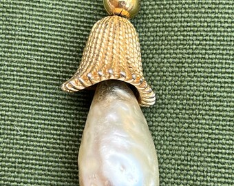 Vintage Mushroom Abstract freshwater pearl gold tone pendant